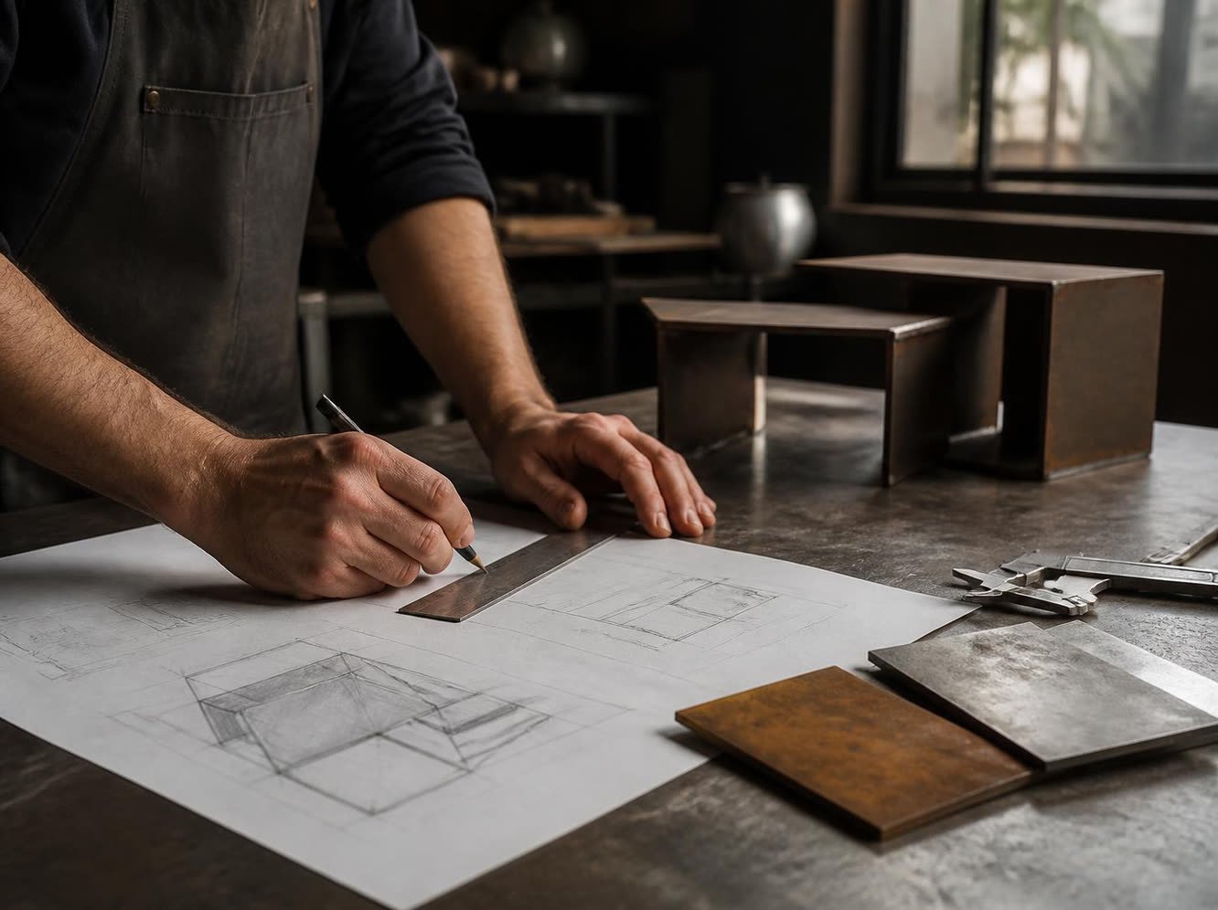 Sobre Nós 3 Imagem ilustrativa: Mãos de um projetista desenhando uma peça de aço sobre a bancada, com régua, paquímetro e amostras de corten e inox