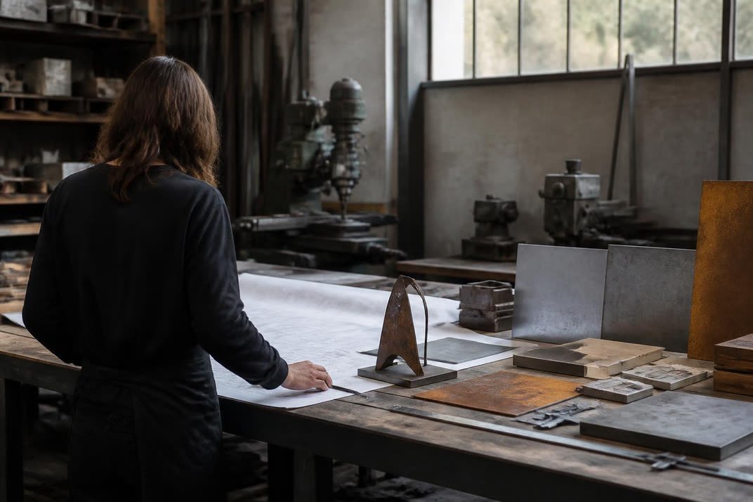 Sobre Nós 7 Imagem ilustrativa: Bancada de um laboratório de produtos numa oficina de aço, com desenhos técnicos, uma maquete metálica e amostras de corten e inox