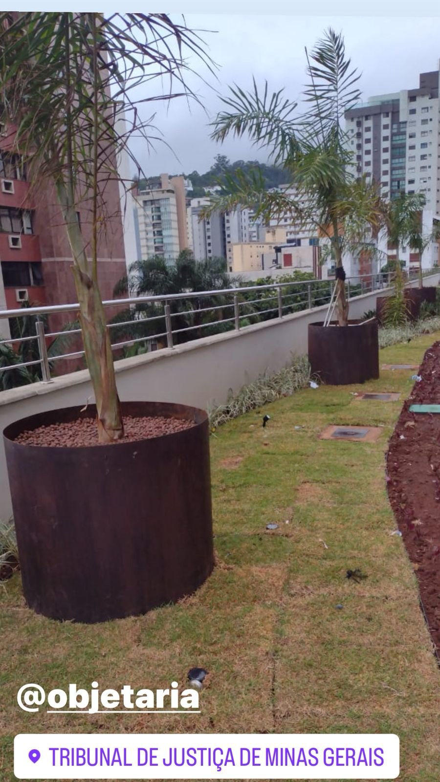 Vaso de Aço Corten 2 Vaso de aço corten grande cilíndrico com palmeira em projeto de paisagismo no Tribunal de Justiça de Minas Gerais.