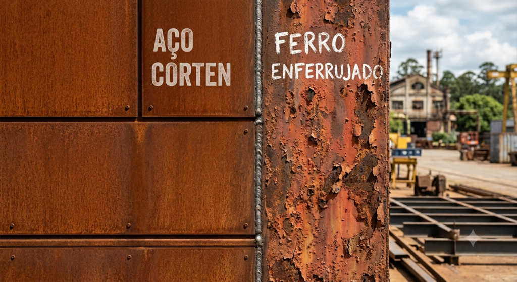 Comparativo entre uma superfície lisa e elegante de aço corten à esquerda e uma estrutura de ferro enferrujado e corroído à direita.