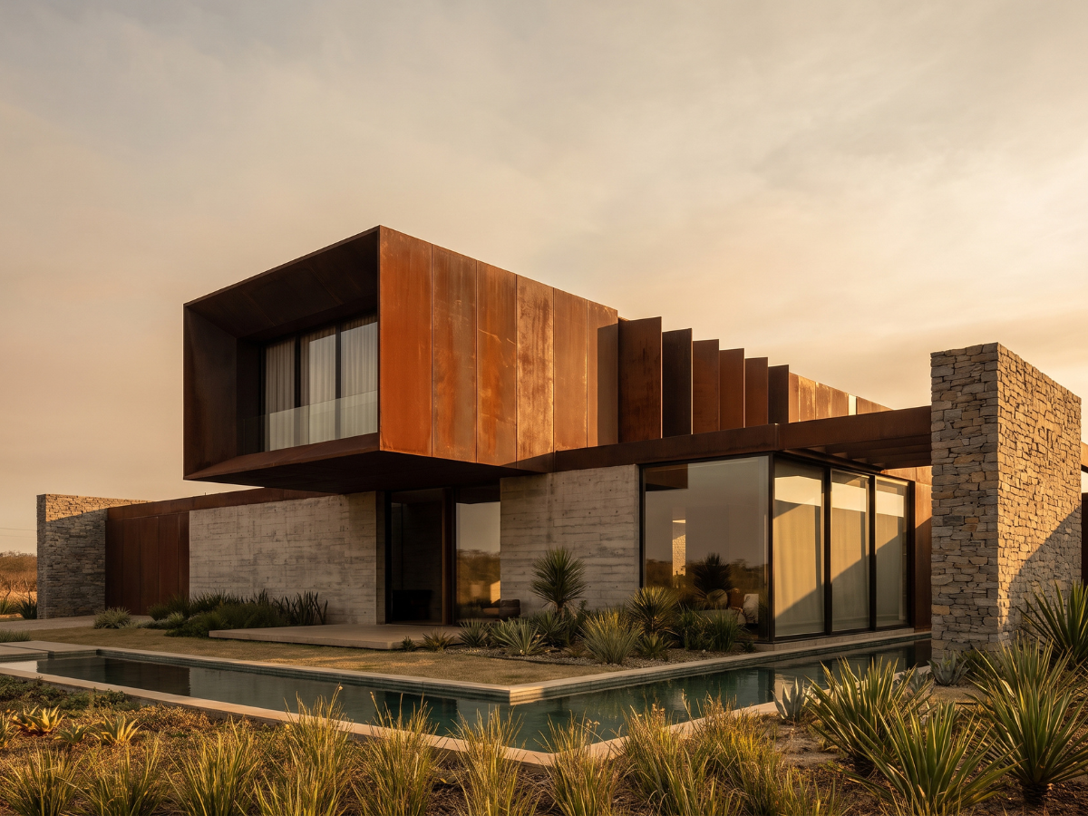 Residência contemporânea com fachada em aço corten, concreto aparente, vidro e pedra natural.