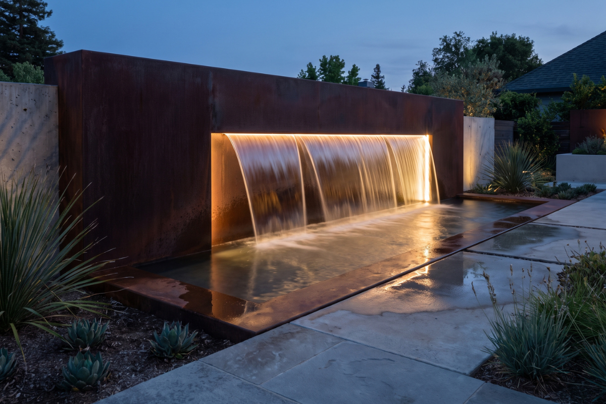 Fonte ornamental em aço corten com cascata iluminada integrada a jardim contemporâneo.