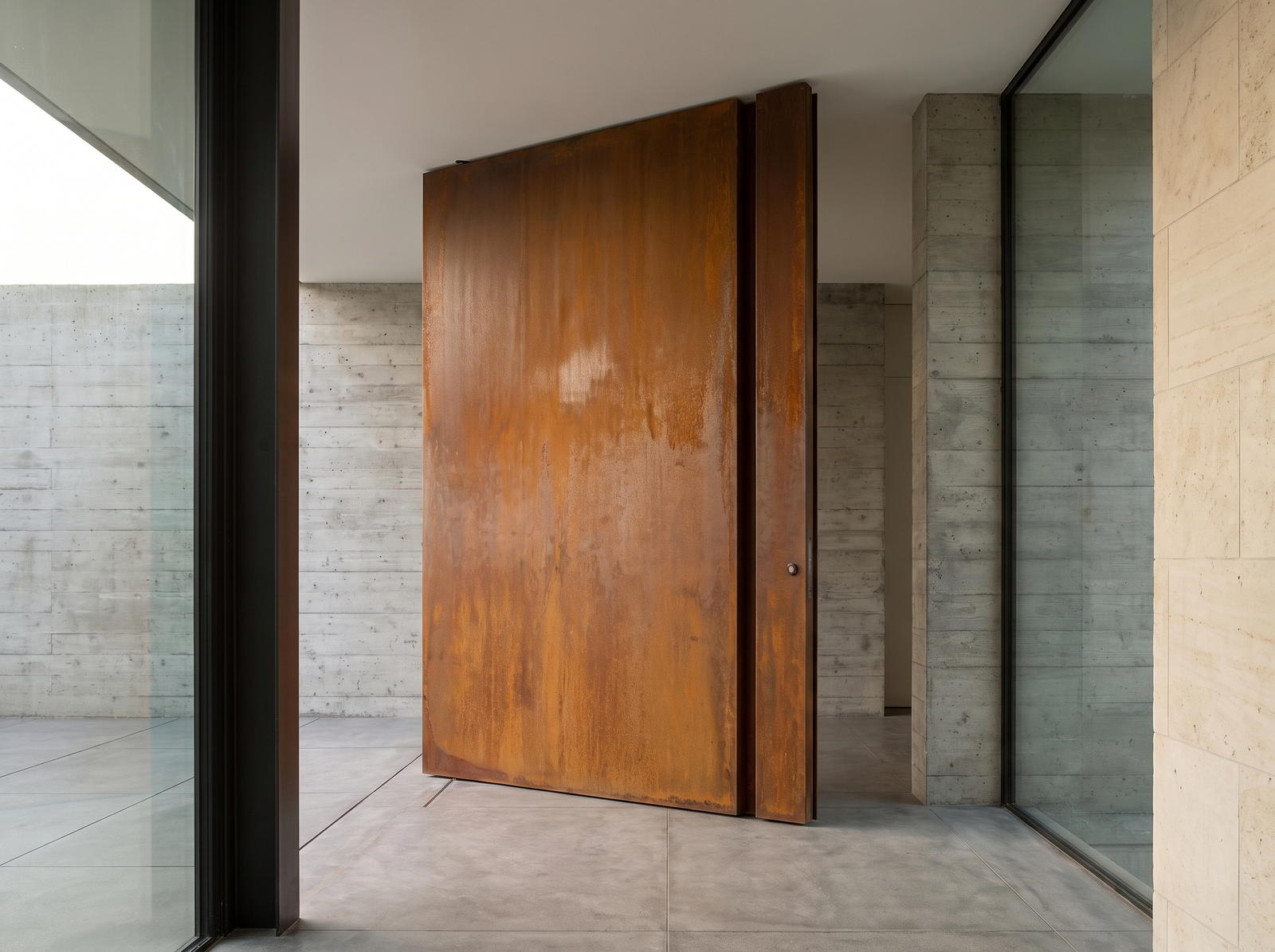 Porta pivotante em aço corten integrada a uma entrada residencial contemporânea com concreto e vidro.