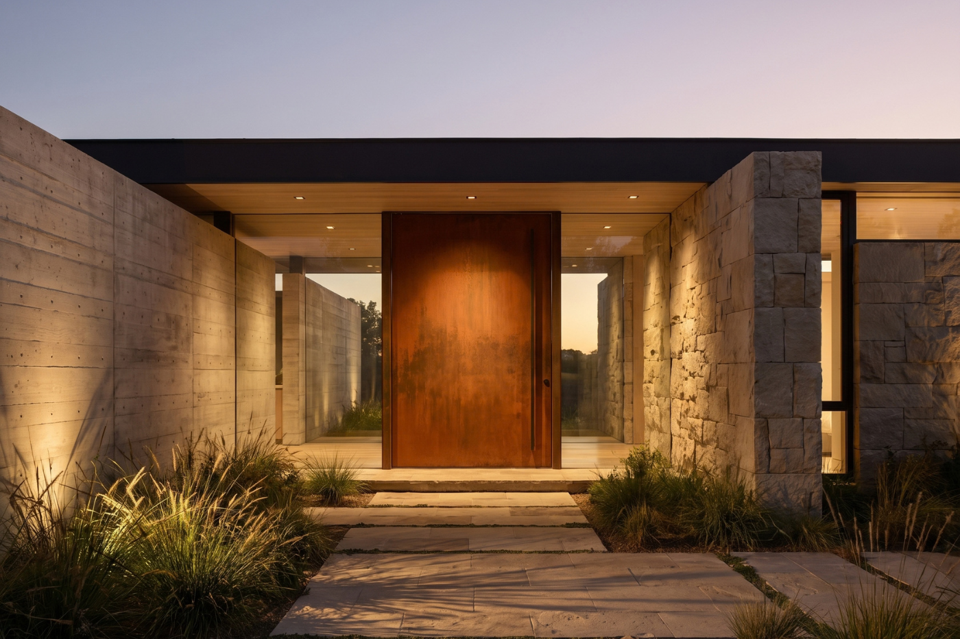 Porta pivotante em aço corten integrada à entrada de uma residência contemporânea de alto padrão.