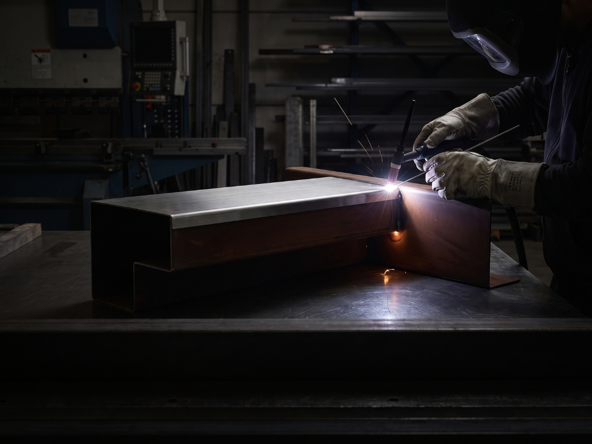 Profissional realizando solda TIG em componente de aço inox e aço corten durante processo de fabricação metálica.